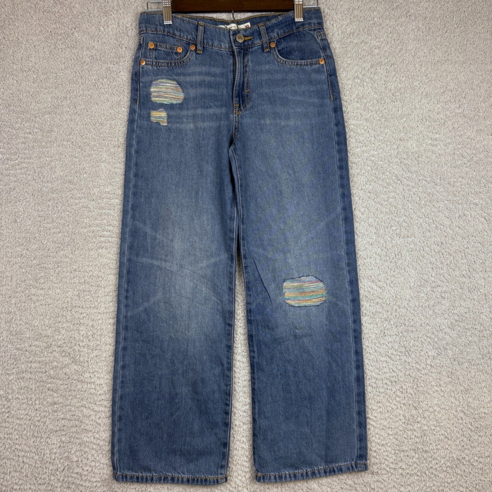 Levis Wide Leg Jeans Girls 10 Blue Distressed Rainbow Patch Denim Skater Baggy